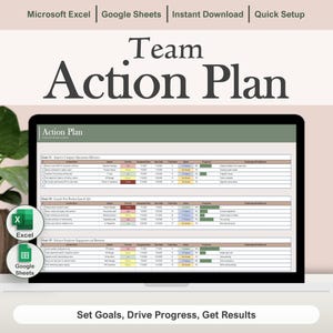 May include: A laptop screen displays a "Team Action Plan" template. The screen shows a spreadsheet with columns for goals, priorities, and progress. Icons for Microsoft Excel and Google Sheets are visible. The text "Set Goals, Drive Progress, Get Results" is at the bottom.
