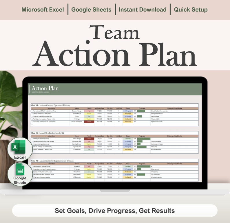 Action Plan Tracker Google Sheets & Excel | Goal Setting Planner | Task ...