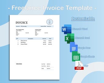 Custom Editable Invoice Template for Freelancers & Small Businesses | Instant Download PDF Excel | Word | Google Sheets | Docs
