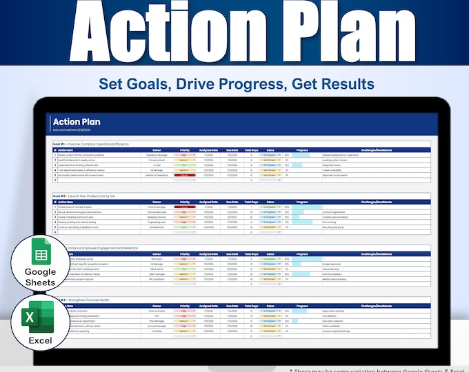Action Sheet Example Action Plan Tracker Google Sheets & Excel | Goal Setting Planner | Task ...