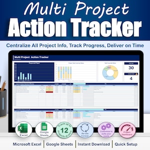 May include: A digital project management dashboard displayed on a tablet. The screen shows charts, graphs, and data tables. Text at the top reads "Multi Project Action Tracker." Icons for Excel, Google Sheets, and other features are visible.