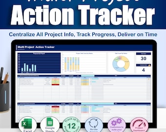 Multi Project Action Tracker Excel & Google Sheets | Project Management Tool | Task Tracker Spreadsheet | Goal Planner | Digital Template