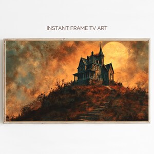 お化け屋敷のハロウィンフレームTVアート、不気味な秋のヴィンテージハロウィン絵画、秋の装飾TVアート、ハロウィンアートTVデジタルダウンロード
