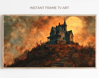 Haunted House Halloween Frame TV Art: Spooky Vintage Painting (Digital Download