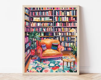 May include: A framed art print of a cosy reading nook. The artwork depicts a vibrant orange armchair with colourful pillows, surrounded by bookshelves filled with books. A floral rug and potted plants add to the inviting atmosphere. The print is in a wooden frame.