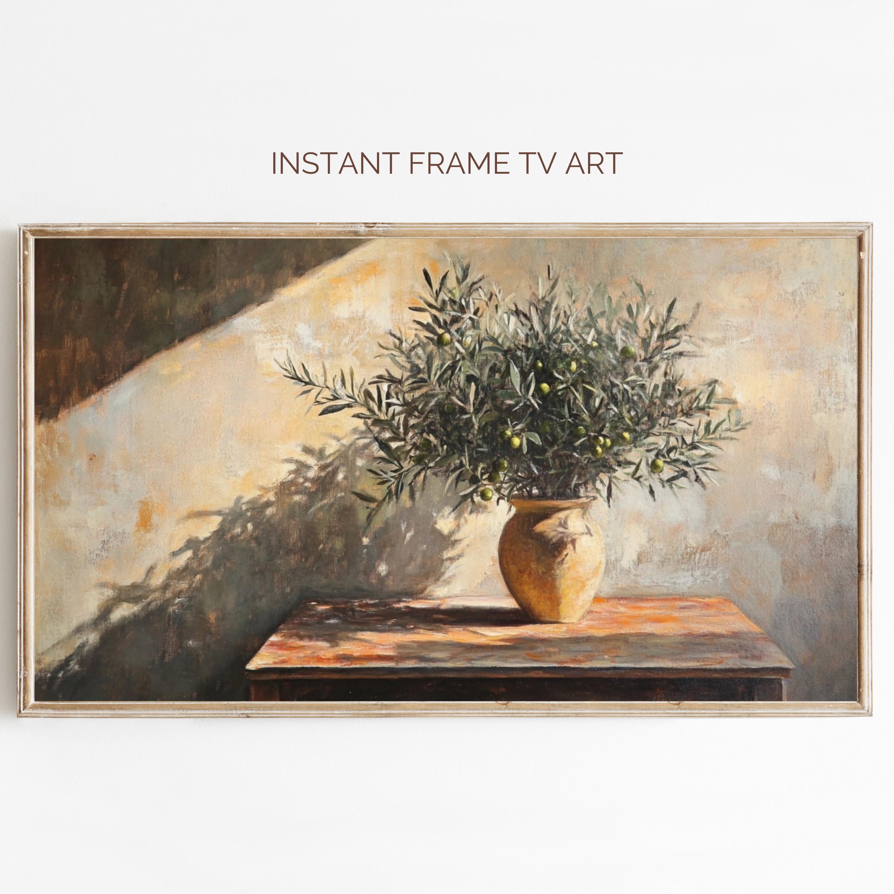 Olive Tree Frame TV Art, Vintage Still Life Painting Mediterranean Art for TV, Neutral Samsung Frame TV Art Rustic Sunlit Olive Tree in Vase