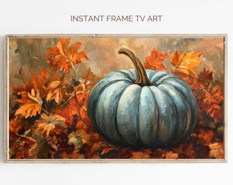 Blue Pumpkin Frame TV Art, Vintage Autumn Painting (Digital Download)