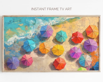 Colorful Beach Umbrellas Frame TV Art: Summer Coastal Painting (Digital Download)