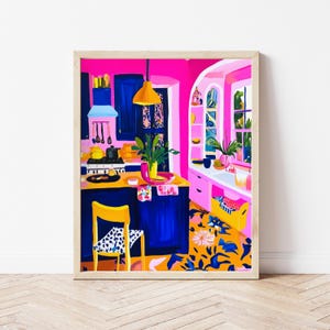 Colorful Kitchen Painting, Neon Maximalist Decor, Girly Pink Aesthetic Kitchen Decor, Matisse Style Art Print, Retro Kitchen Print
