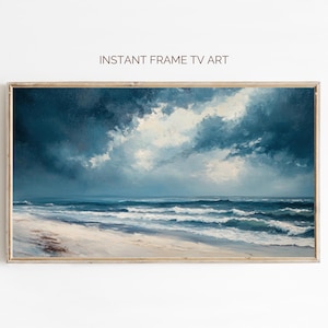 Moody Ocean Painting Frame TV Art Coastal, Cloudy Beach Landscape TV Art, Blue Beach House Decor, Vintage Spring Coastal Landscape Painting