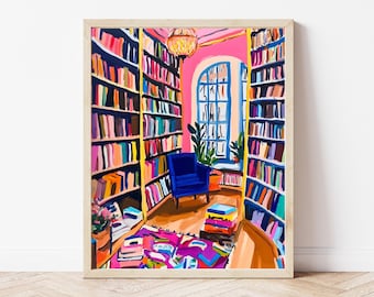 Puede incluir: Una pintura de un acogedor rincón de lectura con un sillón azul, una ventana con vista y estanterías llenas de libros coloridos. La habitación está pintada en tonos de rosa y amarillo, y el suelo está cubierto con una alfombra estampada.