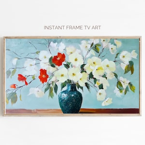 Red, White & Blue Floral Bouquet Frame TV Art, Patriotic Summer Art Samsung Frame TV, Modern Vase Flower Painting Botanical Americana Decor