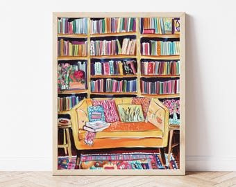 Colorful Book Lover Library Art Print: Cozy Reading Nook Decor (Digital Download)