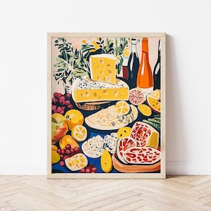 Wydruk na ścianę do kuchni z serem, wydruk na stół z jedzeniem, sztuka kuchenna w stylu vintage, plakat z jedzeniem, wydrukowana sztuka kulinarna, kolorowy wystrój kuchni