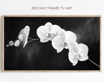 Black and White Orchid Frame TV Art, Modern Flower Painting, White Flowers Black Background TV Art, Neutral Floral All Season TV Screensaver
