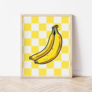 Banana Poster, Yellow and White Checkered Bananas Art Print, Retro Aesthetic Kitchen Wall Art, Kitchen Art Digital Download, Fruit Print
