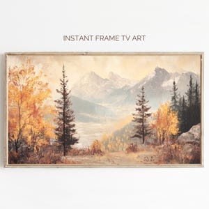 May include: A vintage-style painting of a mountain landscape with a lake in the foreground. The mountains are snow-capped and the trees are in autumn colors. The painting is framed in a simple wooden frame.