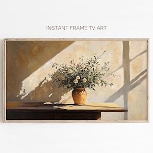 Dipinto vintage di natura morta floreale: fiori illuminati dal sole, cornice TV Art (download digitale)