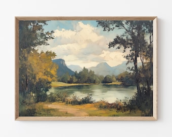 Vintage Mountain Lake Painting: Rustic Cottagecore Landscape Art (Digital Download