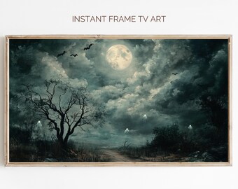 Vintage Halloween Ghost Painting: Spooky Night Sky Frame TV Art (Digital Download)