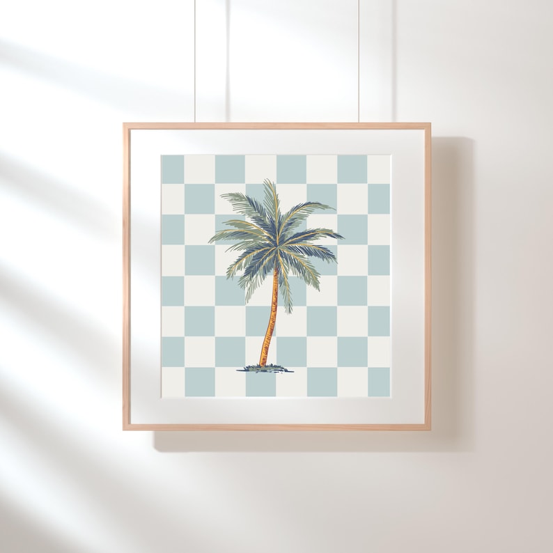 Blue Checkered Palm Tree Wall Art Print, Boho Beach Prints, Summer Palm