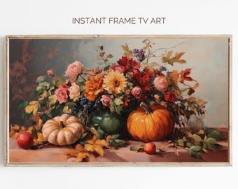Fall Floral Frame TV Art: Pumpkin Still Life Painting (Digital Download)