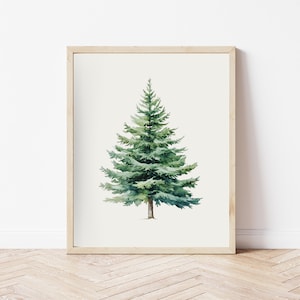 Watercolor Pine Tree Art Print, Winter Printable Wall Art, Evergreen Christmas Tree Wall Decor, Holiday Prints Winter Wall Art