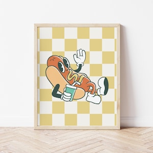 Yellow and White Checkered Hot Dog Art Print, Retro Kitchen Wall Art, Kitschy Foodie Print Digital Art Download, Aesthetic Food Poster
