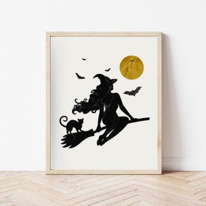 Witch Halloween Poster, Minimalist Halloween Decor, Spooky Season Witchy Wall Print Digital Art Download, Black and White Aesthetic Wall Art