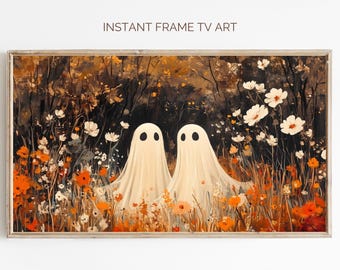 Halloween Ghost TV Art, Fall Wildflowers Painting (Digital Download)