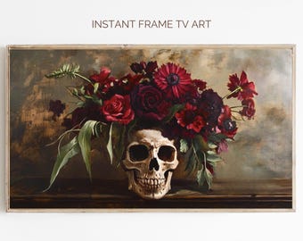 Moody Skull Frame TV Art: Red Flowers, Dark Academia (Digital Download)