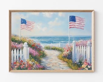 Patriotic Coastal Print: American Flag Beach Scene (Digital Download)