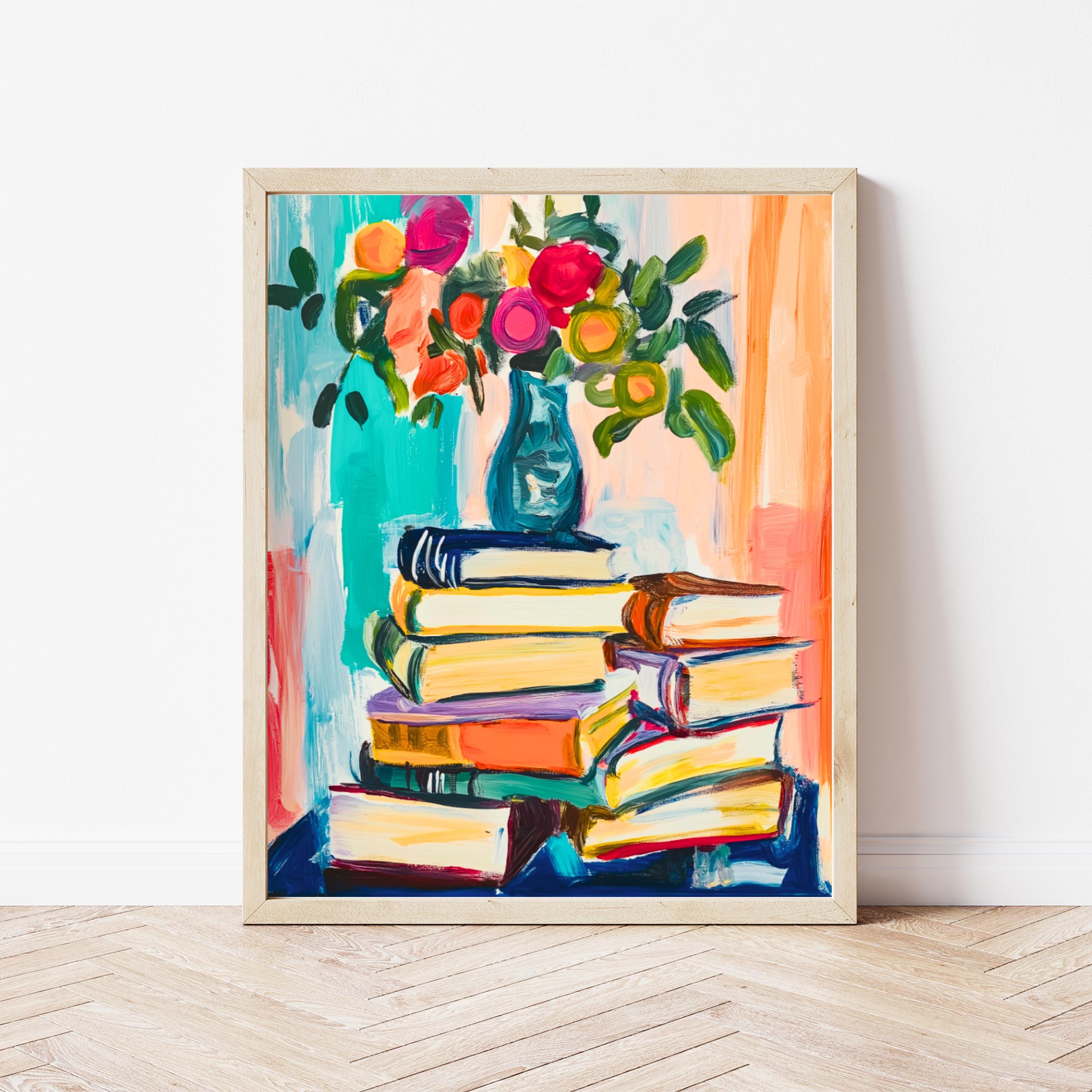 Book Stack Print Floral Book Stack Print: Colorful Library Wall Art (digital Download ...