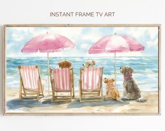 Dogs at Beach Painting Coastal Frame TV Art (Digital Download)
