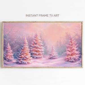 Pastell Winterwald Bilderrahmen TV Kunst: Verschneite rosa Weihnachtsbäume (Digitaler Download)