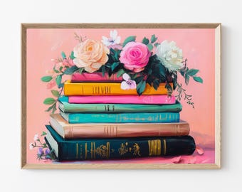 Floral Book Stack Print, Romantic Library Art (Digital Download)