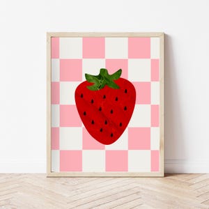 Pink Strawberry Poster, Pink and White Checkered Strawberry Art Print, Retro Aesthetic Kitchen Wall Art, Fruit Digital Art Prints Preppy Art