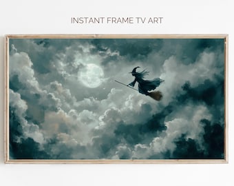 Flying Witch Full Moon Frame TV Art: Spooky Halloween Decor (Digital Download)
