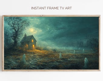 Vintage Halloween Ghost TV Art: Spooky Haunted House Landscape (Digital Download 3840x2160 pixels)