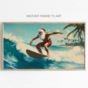 May include: A vintage-style illustration of Santa Claus surfing on a wave in a tropical setting. He is wearing a red and white Santa suit and a white beard. The background features palm trees and a blue sky.