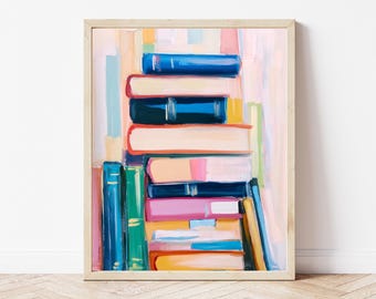 Pastel Books Print: Colorful Book Stack, Library Wall Art (Digital Download)