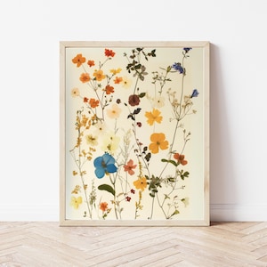 Láminas de flores prensadas, arte mural botánico, decoración cottagecore, descarga digital de impresiones de flores silvestres, arte floral imprimible