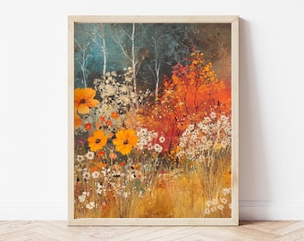 Herbst Wildblumen Feld Gemälde: Vintage Herbst Landschaft Kunst (Digitaldruck)