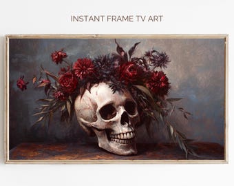 Halloween TV Art Still Life Skeleton Red Flowers, Moody Floral Painting Vintage Fall Decor, Antique Autumn Frame TV Art, Spooky Season Decor