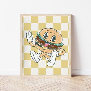 Yellow and White Checkered Hamburger Art Print, Retro Kitchen Wall Art, Aesthetic Food Poster, Kitschy Foodie Print Digital Art Download