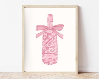 Pink Champagne Bottle Art Print: Coquette Bow, Vintage Bar Cart Decor (Digital Download)