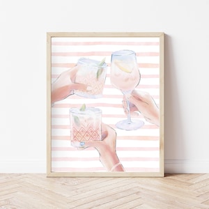 Blush Cheers Print, jasnoróżowa estetyczna sztuka ścienna, modne pastelowe wydruki na wózek barowy, wydruk ścienny z koktajlami, plakat z koktajlami Cheers