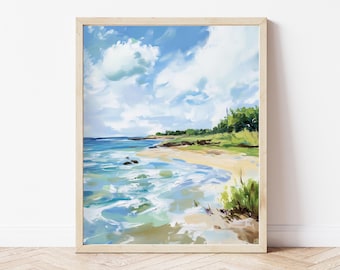 Coastal Landscape Painting: Soft Blue Ocean Beach Print (Digital Download)