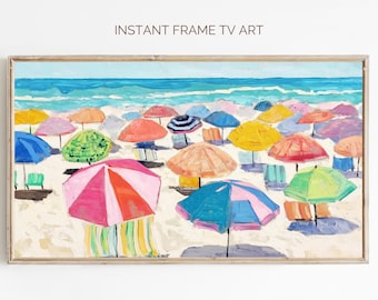 Colorful Beach Umbrellas Painting: Coastal Frame TV Art (Digital Download)