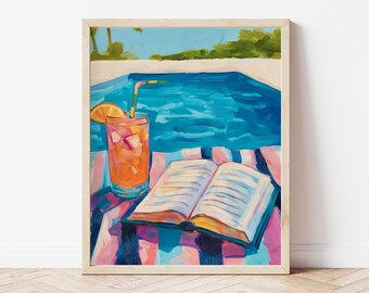 Poolside Reading Art Print: Summer Book & Drink Painting (Digital Download)